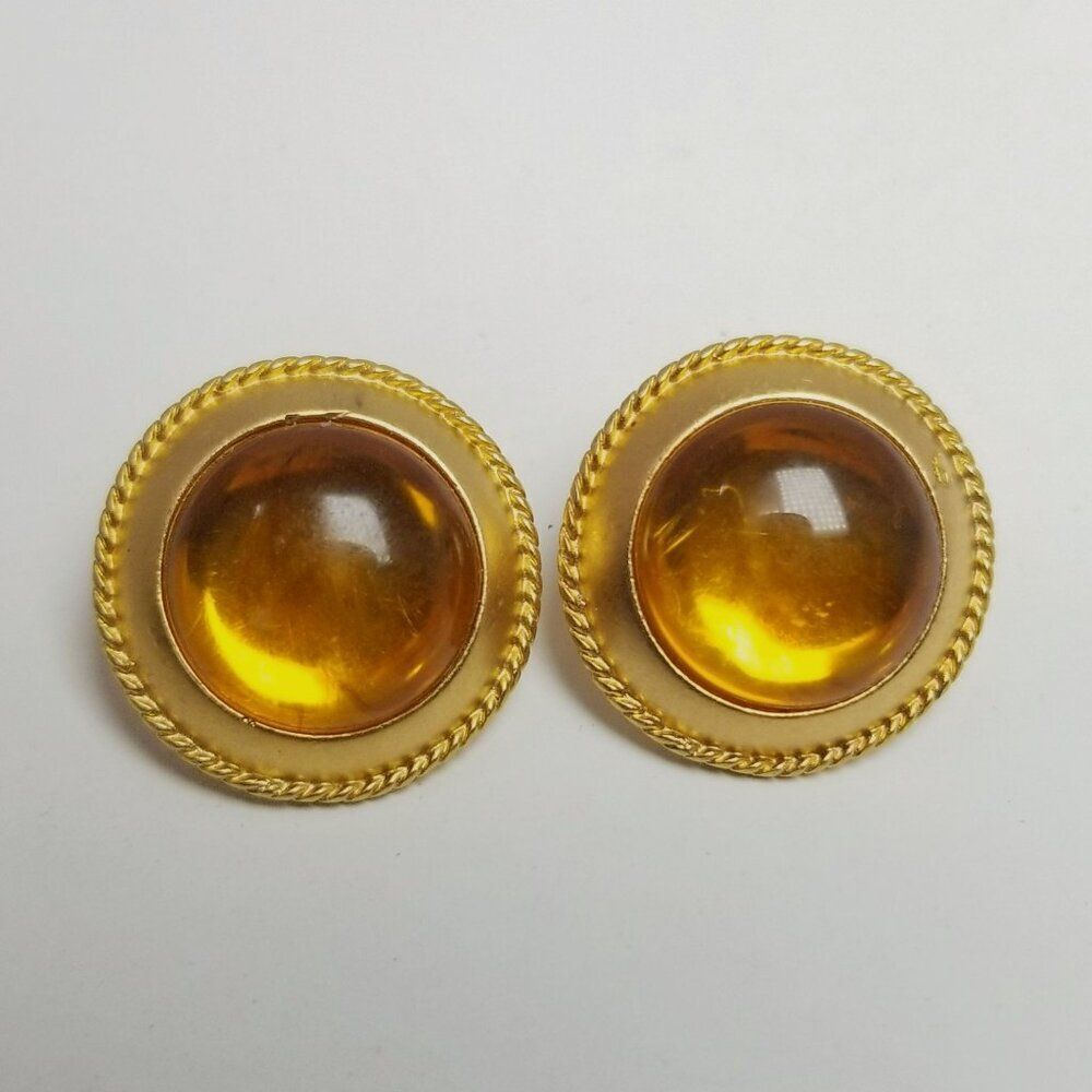 Vintage Orange and Gold Tone Round Dome Cabochon Stud Earrings, Retro 80s Style